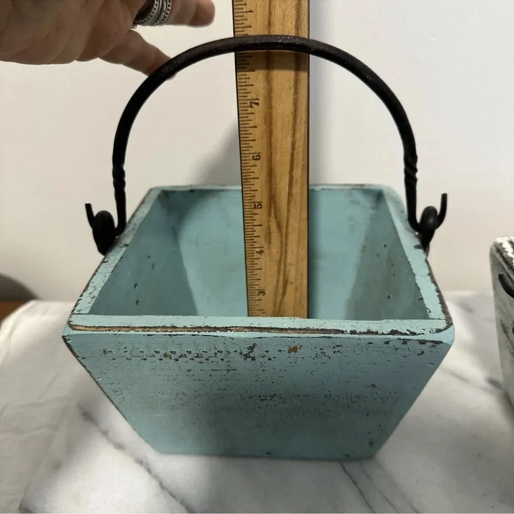 Antique wood buckets pails Rustic Metal Set of 2 - Blue and White